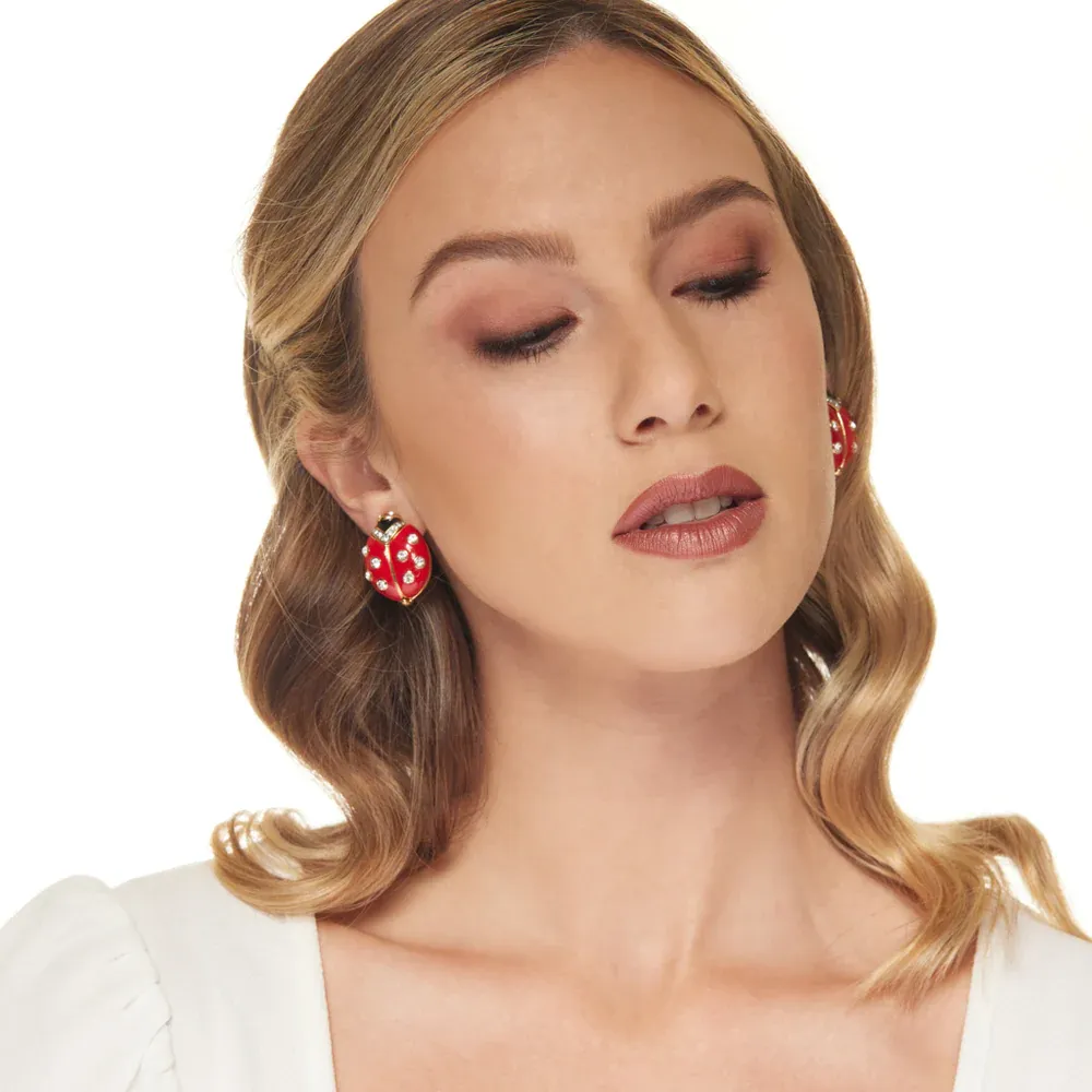 Red Enamel Ladybug/Crystals Dots Clip Earring