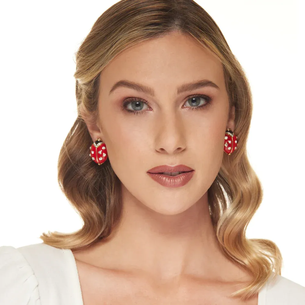 Red Enamel Ladybug/Crystals Dots Clip Earring