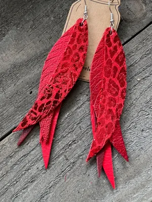 Red Leopard Metallic Stacked Fringe Feather Earrings