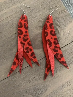 Red Leopard Stacked Fringe Feather Earrings