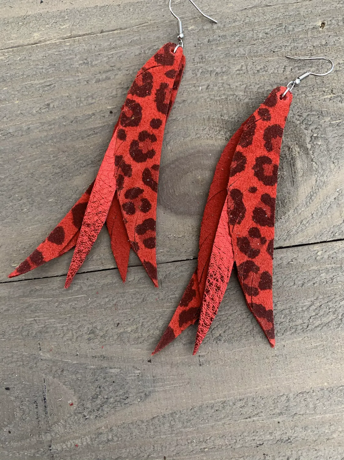 Red Leopard Stacked Fringe Feather Earrings