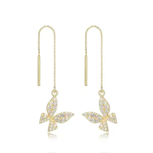 Reign Sterling Silver 18K Gold Plating CZ Butterfly Threader Dangle Earrings