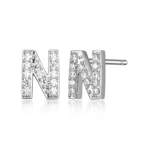 Reign Sterling Silver Rhodium Plated CZ Initial N Stud Earrings