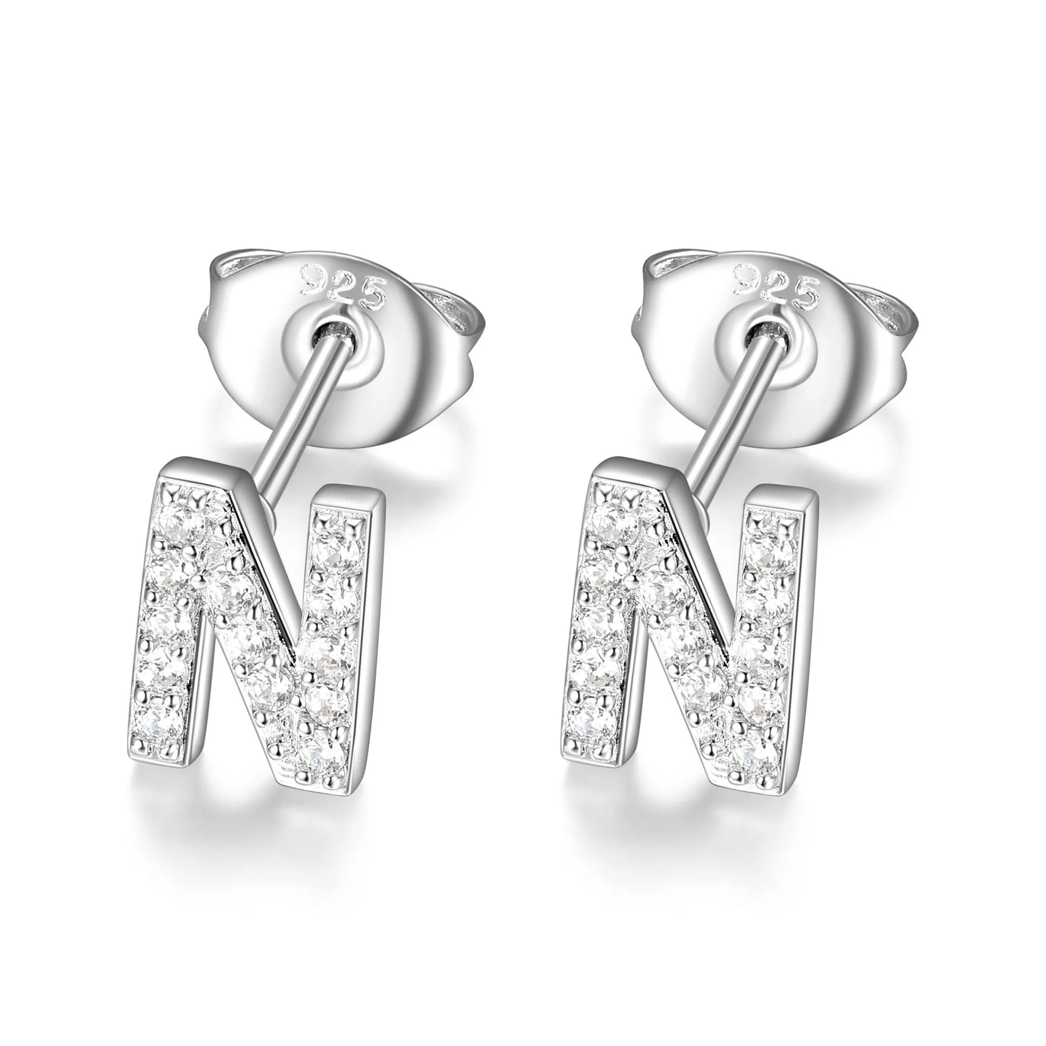 Reign Sterling Silver Rhodium Plated CZ Initial N Stud Earrings