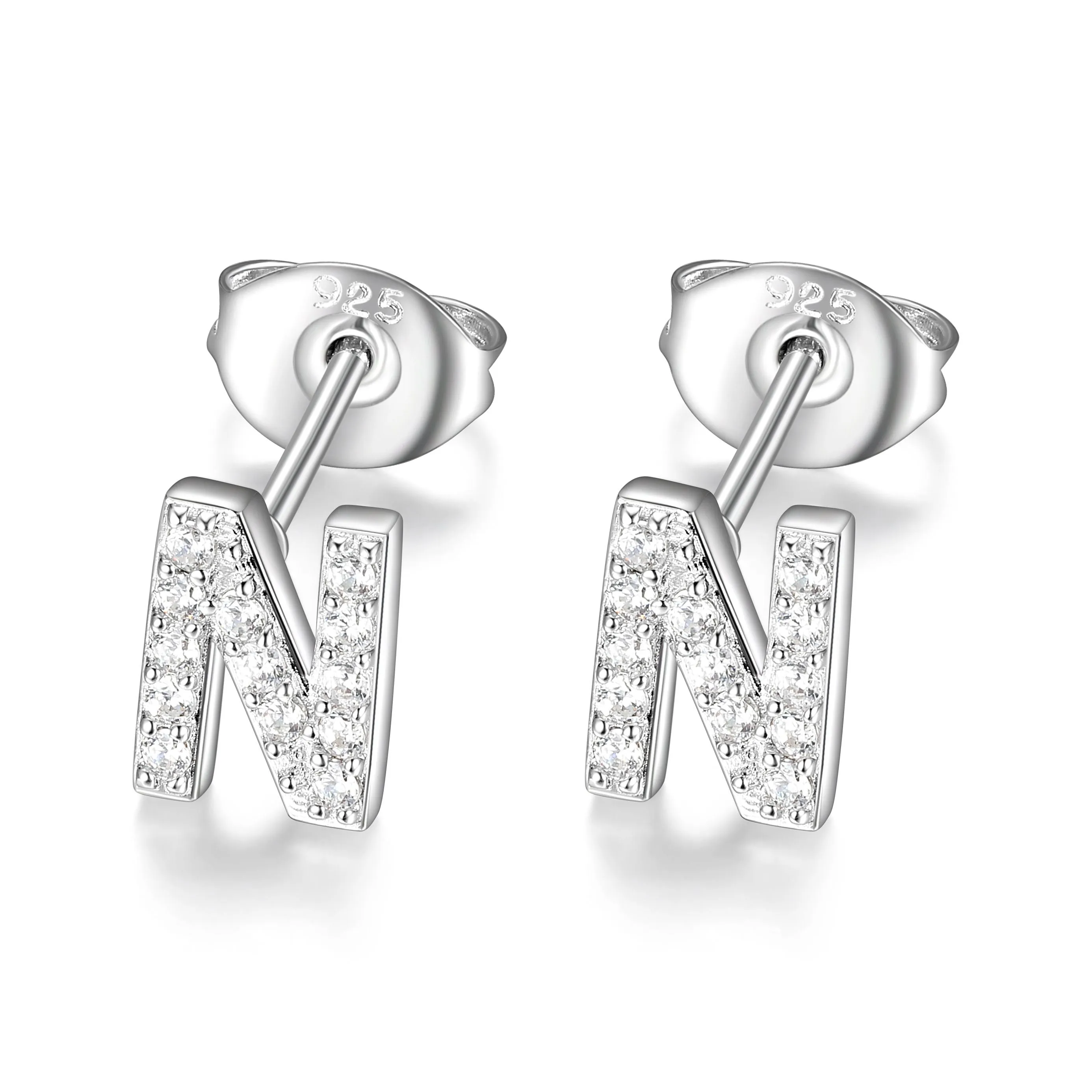 Reign Sterling Silver Rhodium Plated CZ Initial N Stud Earrings