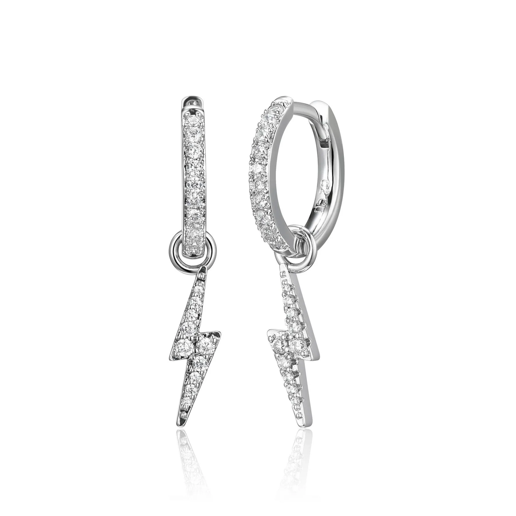 Reign Sterling Silver Rhodium Plated CZ Lightning Bolt Dangle Earrings