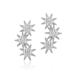 Reign Sterling Silver Rhodium Plated CZ Starburst Curved Stud Earrings