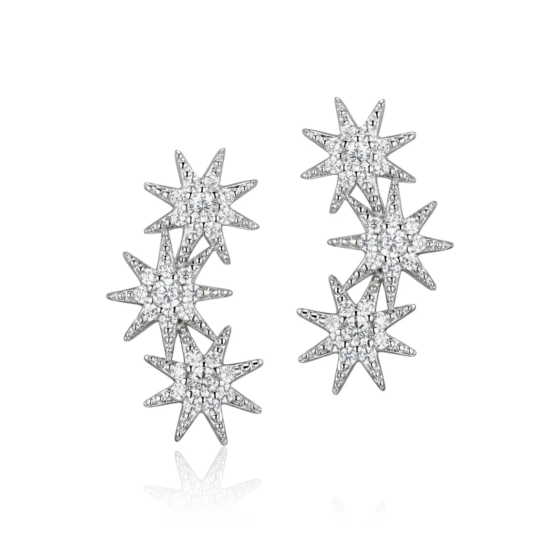 Reign Sterling Silver Rhodium Plated CZ Starburst Curved Stud Earrings