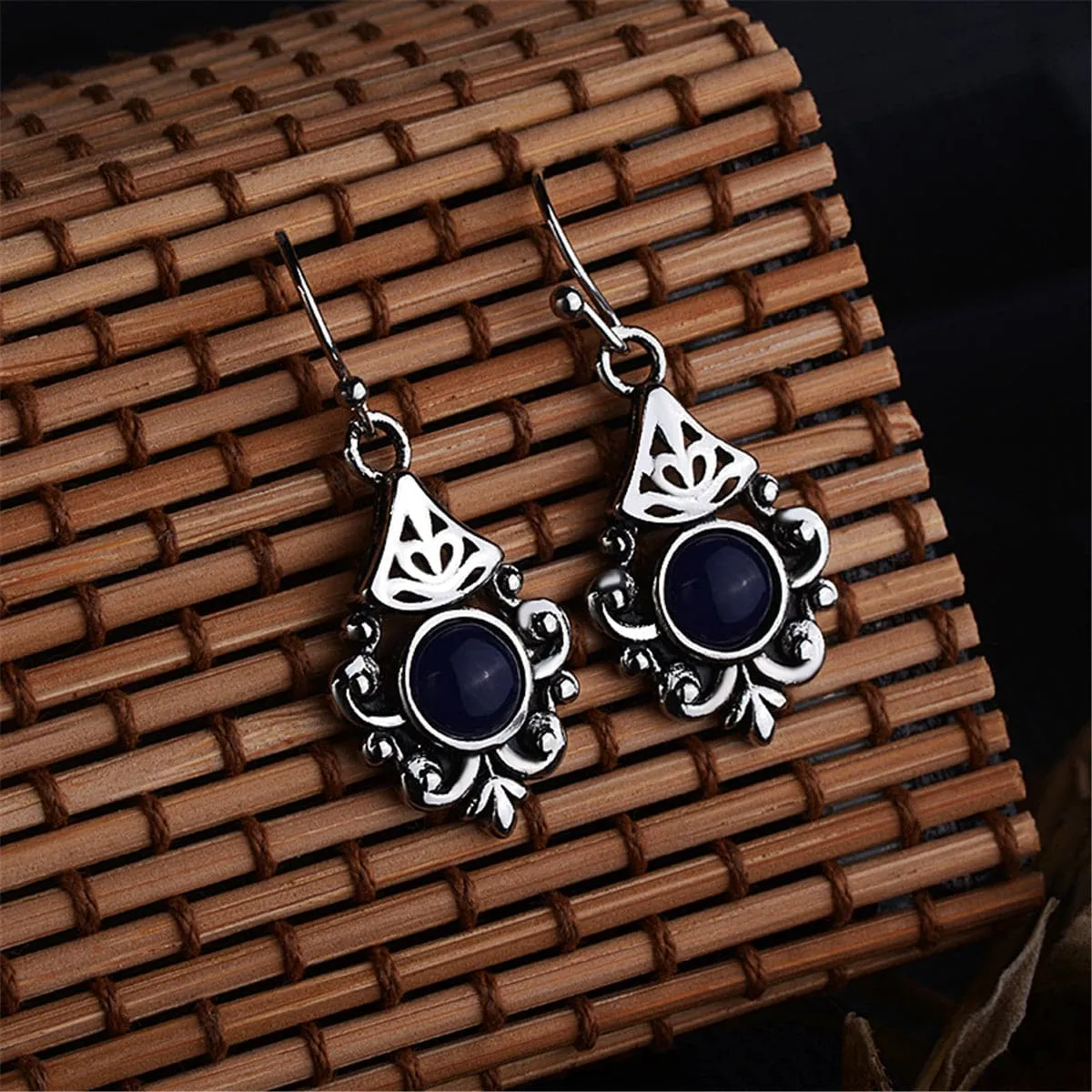 Retro Blue Crystal & Silver-Plated Filigree Drop Earrings