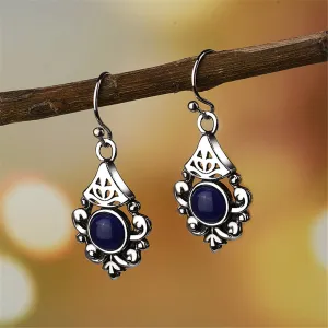 Retro Blue Crystal & Silver-Plated Filigree Drop Earrings