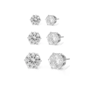 RHODIUM CLEAR CRYSTAL 3 PAIR SET GRADUATED STUD EARRINGS  #HNE86567RDCY(RD22/RE14)