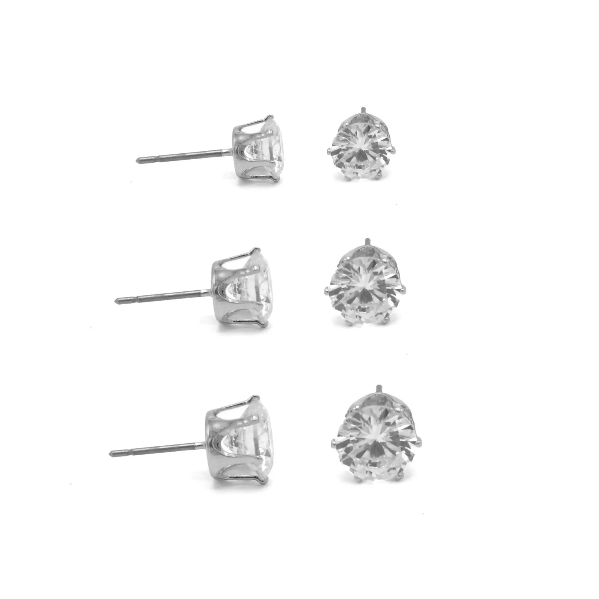 RHODIUM CLEAR CRYSTAL 3 PAIR SET GRADUATED STUD EARRINGS  #HNE86567RDCY(RD22/RE14)