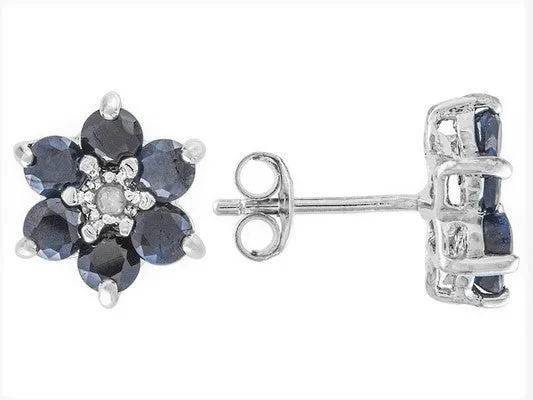 Rhodium over Sterling Silver Blue SAPPHIRE & Diamond Flower Stud Earrings