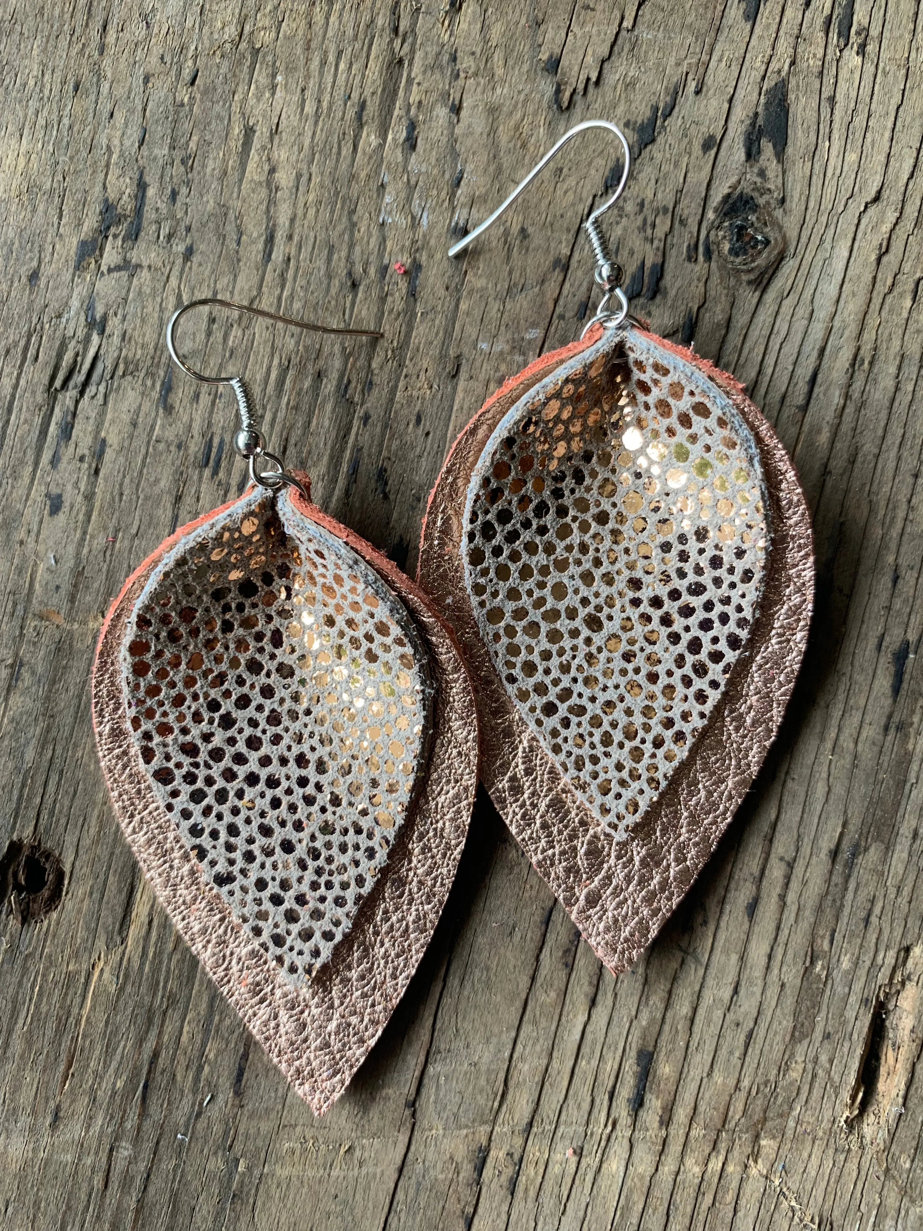 Rose gold pebble leather earrings