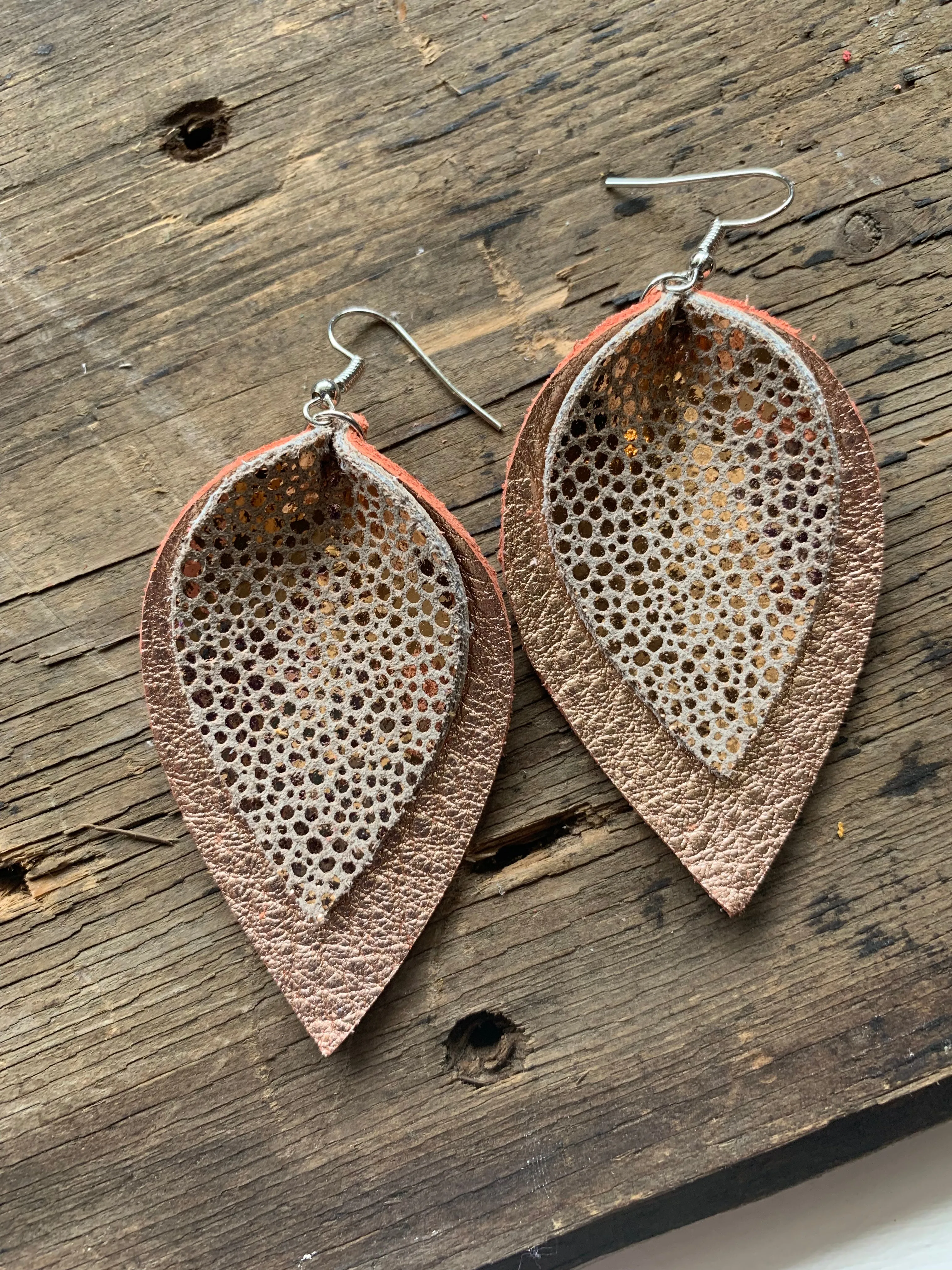 Rose gold pebble leather earrings