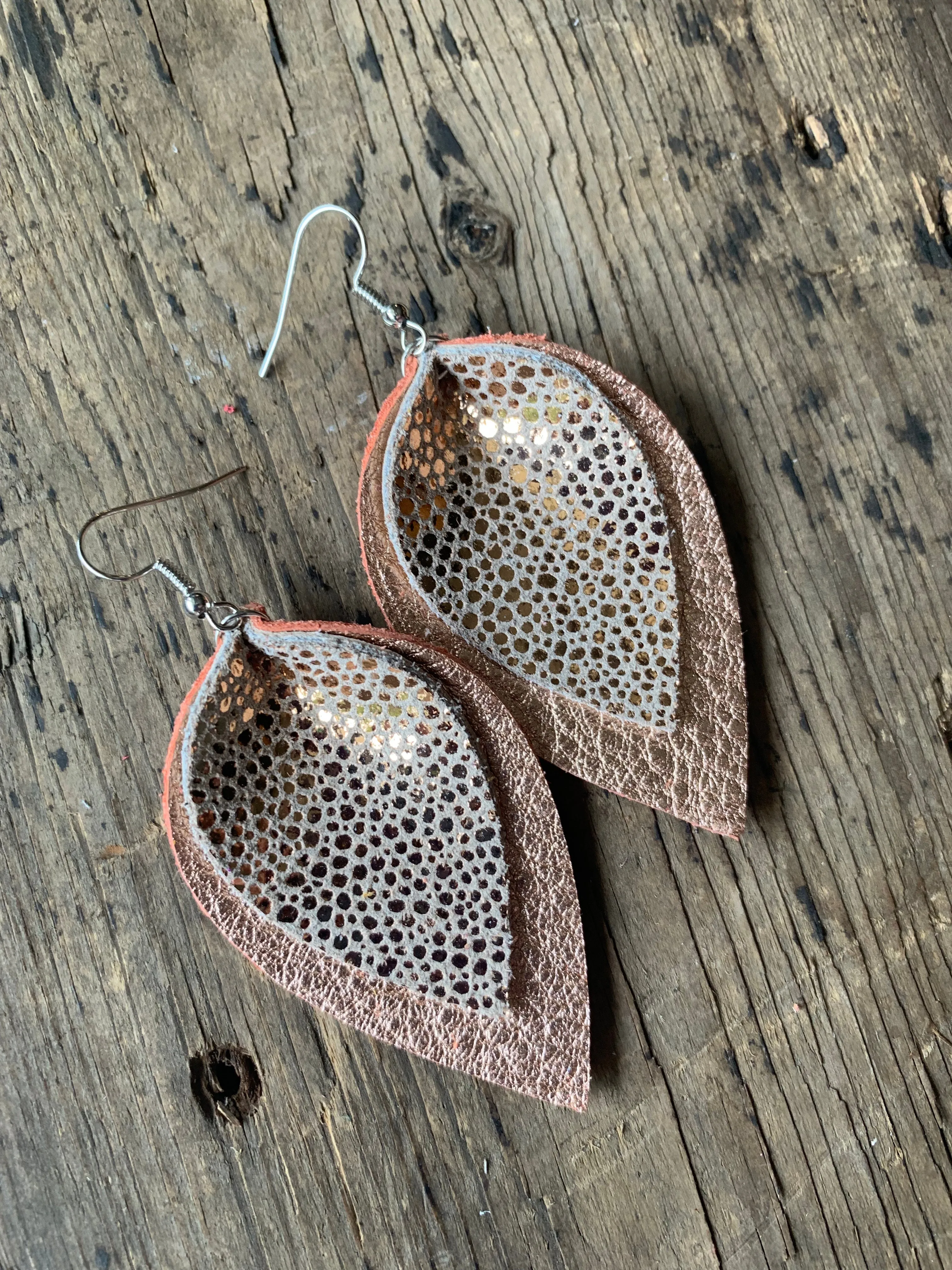 Rose gold pebble leather earrings