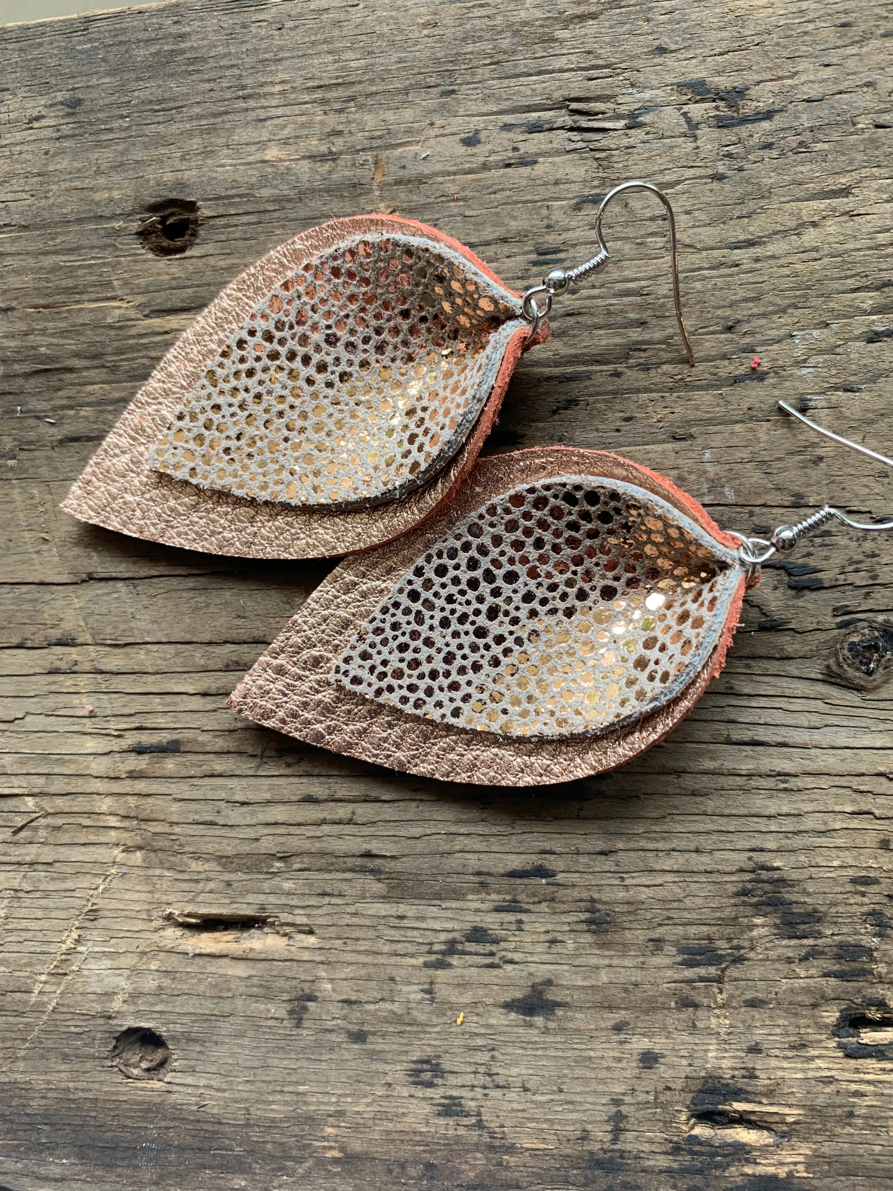 Rose gold pebble leather earrings