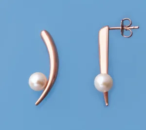 Rose Gold Plated Silver Earrings with 6.5-7mm Round Shape Freshwater Pearl