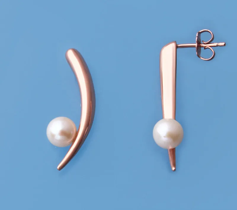 Rose Gold Plated Silver Earrings with 6.5-7mm Round Shape Freshwater Pearl