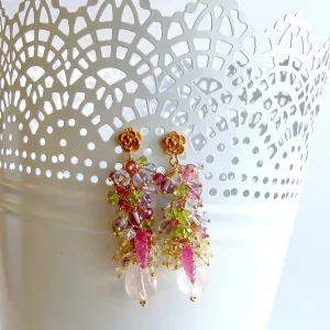 Rose Quartz, Blue Topaz, Pink Topaz, Amethyst, Peridot and Lemon Quartz Cluster Earrings - Fleur III Earrings
