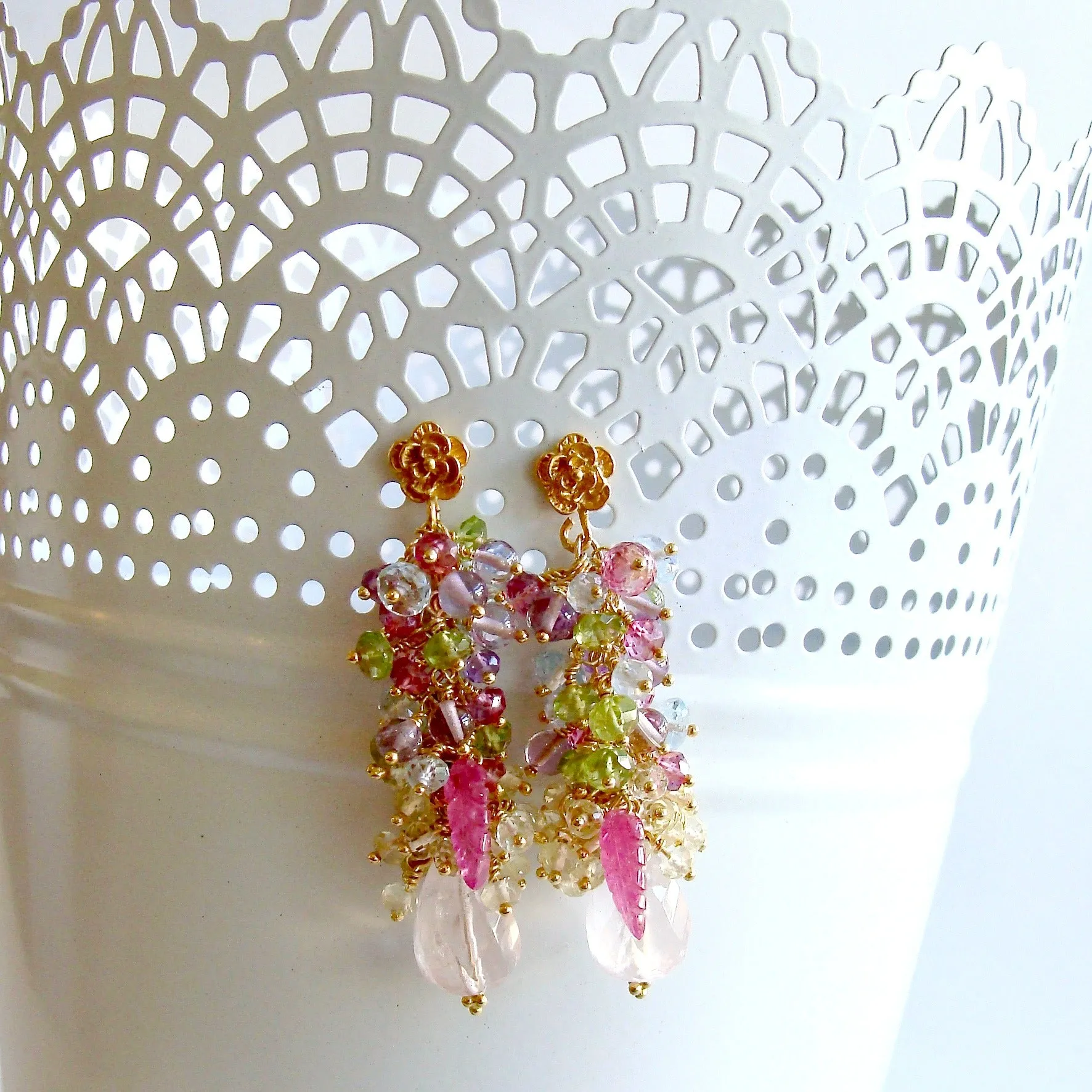 Rose Quartz, Blue Topaz, Pink Topaz, Amethyst, Peridot and Lemon Quartz Cluster Earrings - Fleur III Earrings