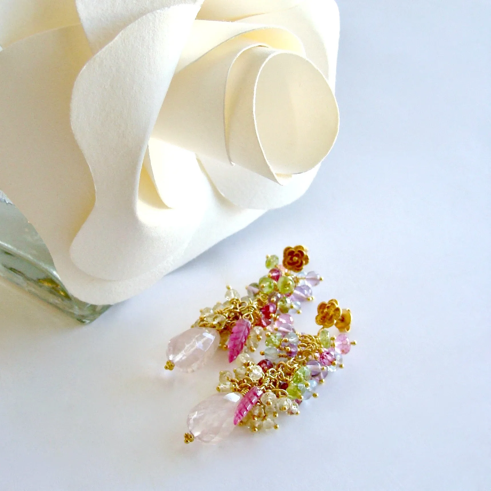 Rose Quartz, Blue Topaz, Pink Topaz, Amethyst, Peridot and Lemon Quartz Cluster Earrings - Fleur III Earrings