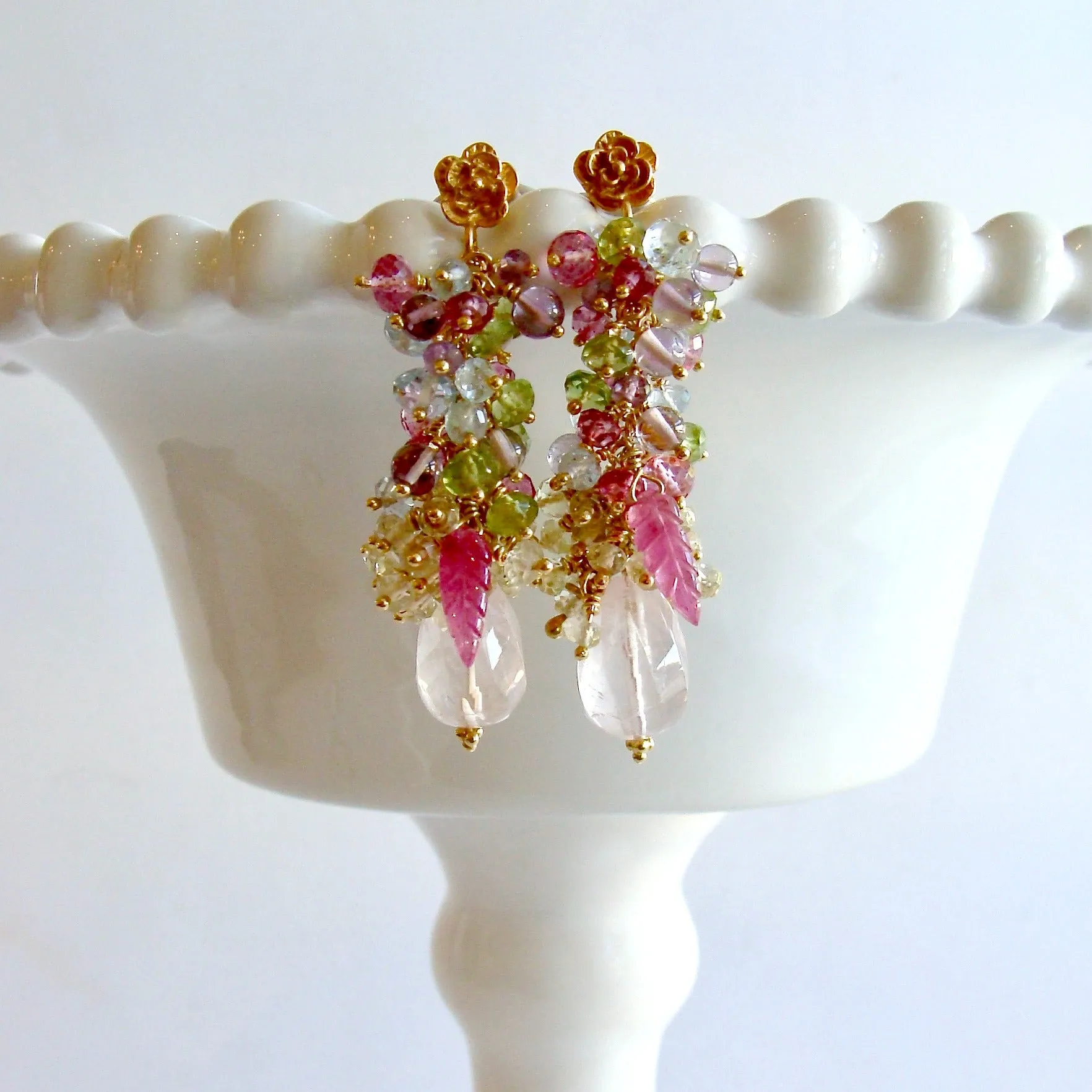 Rose Quartz, Blue Topaz, Pink Topaz, Amethyst, Peridot and Lemon Quartz Cluster Earrings - Fleur III Earrings