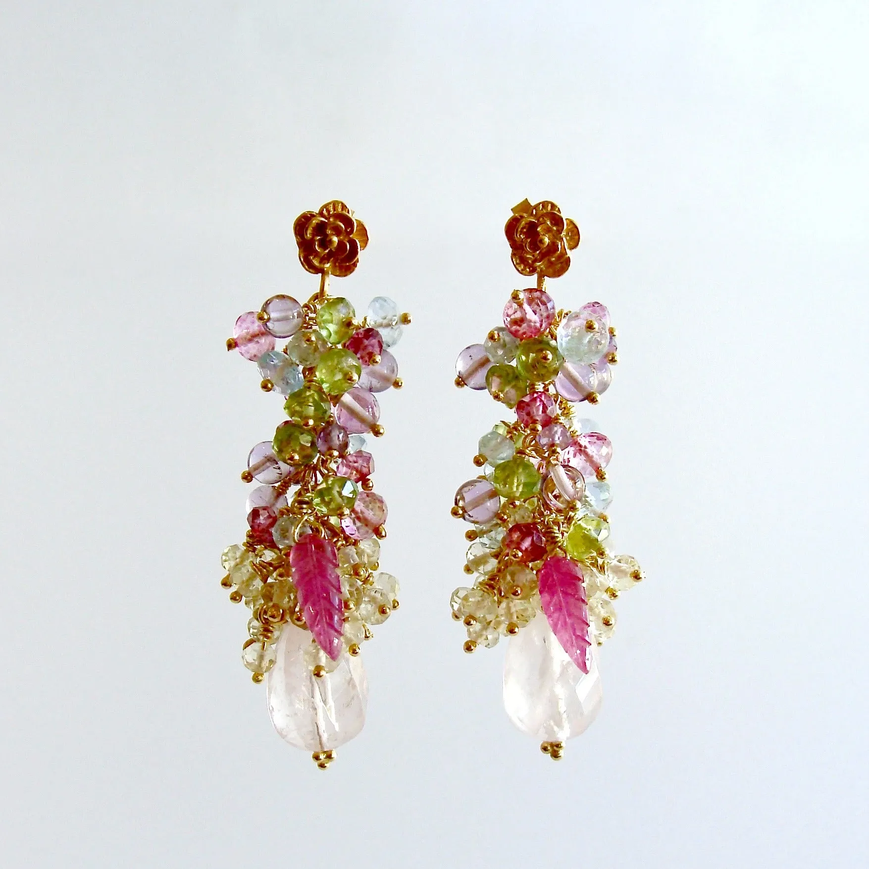 Rose Quartz, Blue Topaz, Pink Topaz, Amethyst, Peridot and Lemon Quartz Cluster Earrings - Fleur III Earrings