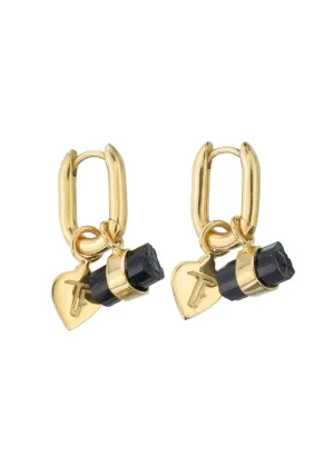 Rough Gem Charm - Oval Hoops - Black Tourmaline / Gold