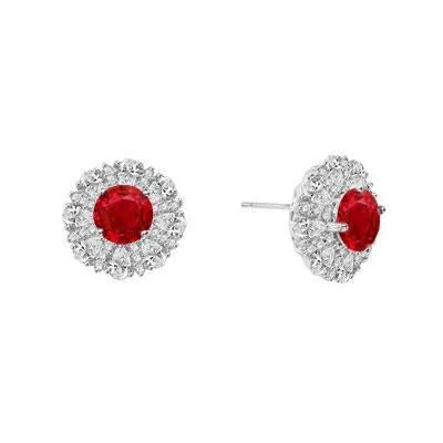 Round 4.70 Carats Ruby And Natural Earth Mined Diamonds Studs Earrings Gold White 14K