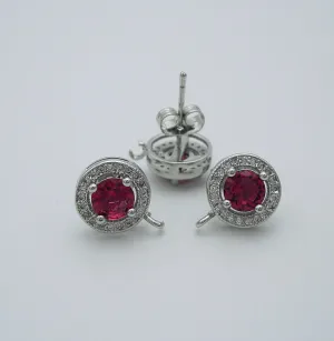 Round Ear Stud Ruby Cubic Zirconia CZ Rhodium Plated Earstud Earrings Post