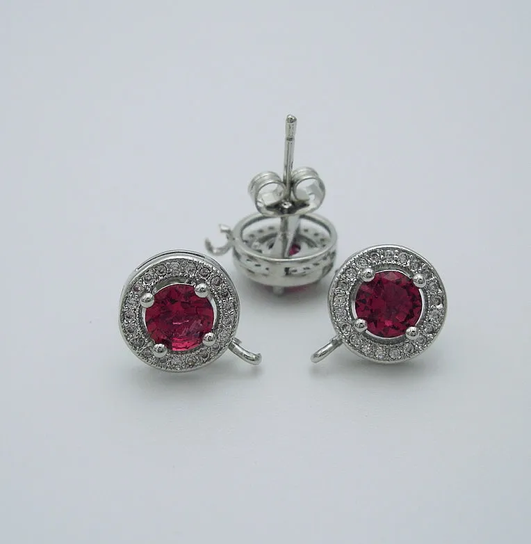 Round Ear Stud Ruby Cubic Zirconia CZ Rhodium Plated Earstud Earrings Post