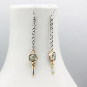 Round faceted green Agate earrings in bezel setting with silver chain and oxidized sterling silver hooks