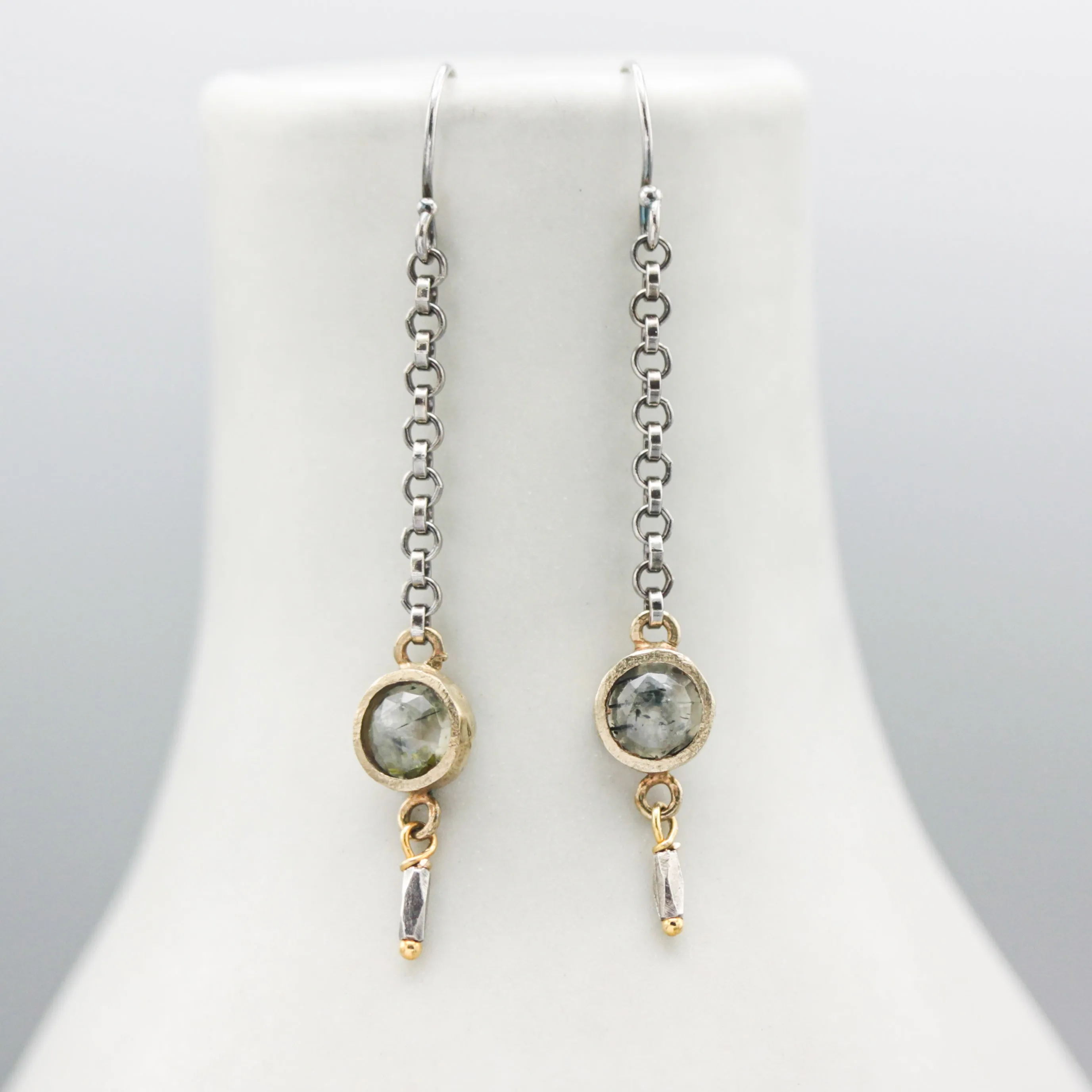 Round faceted green Agate earrings in bezel setting with silver chain and oxidized sterling silver hooks
