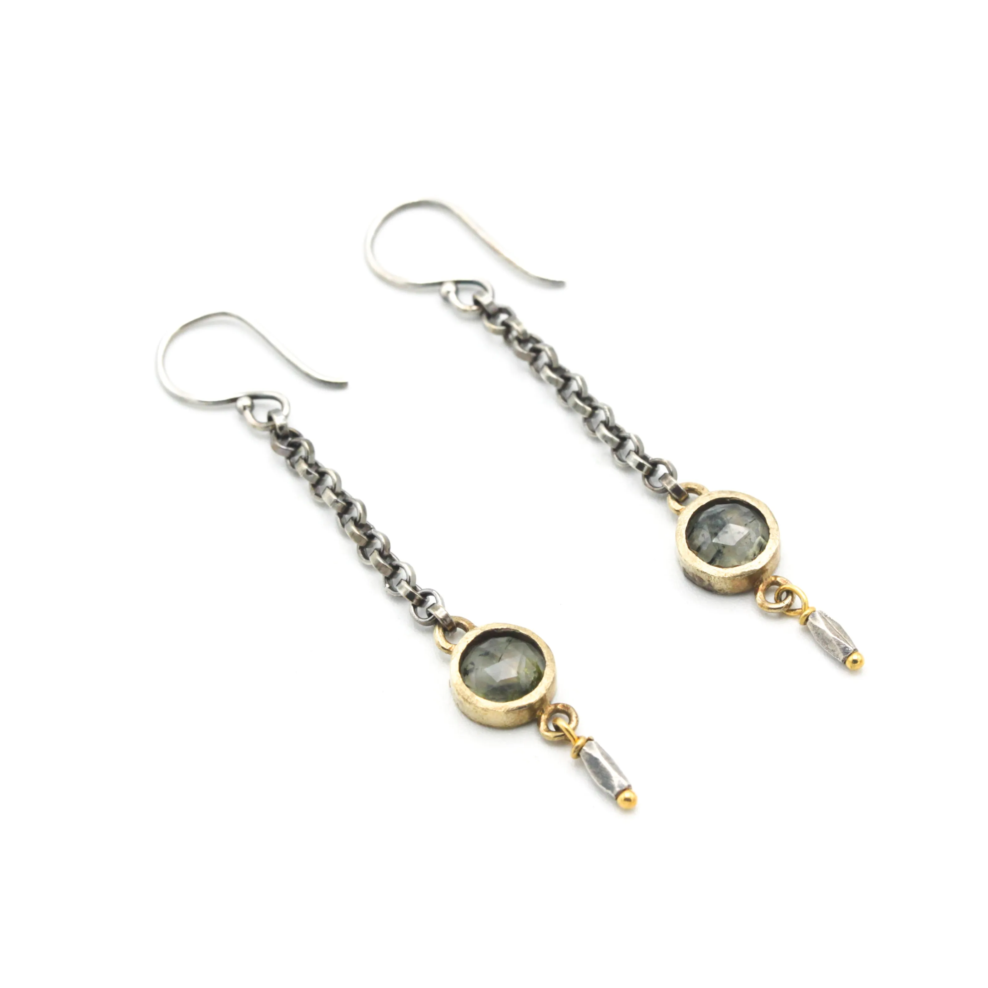 Round faceted green Agate earrings in bezel setting with silver chain and oxidized sterling silver hooks