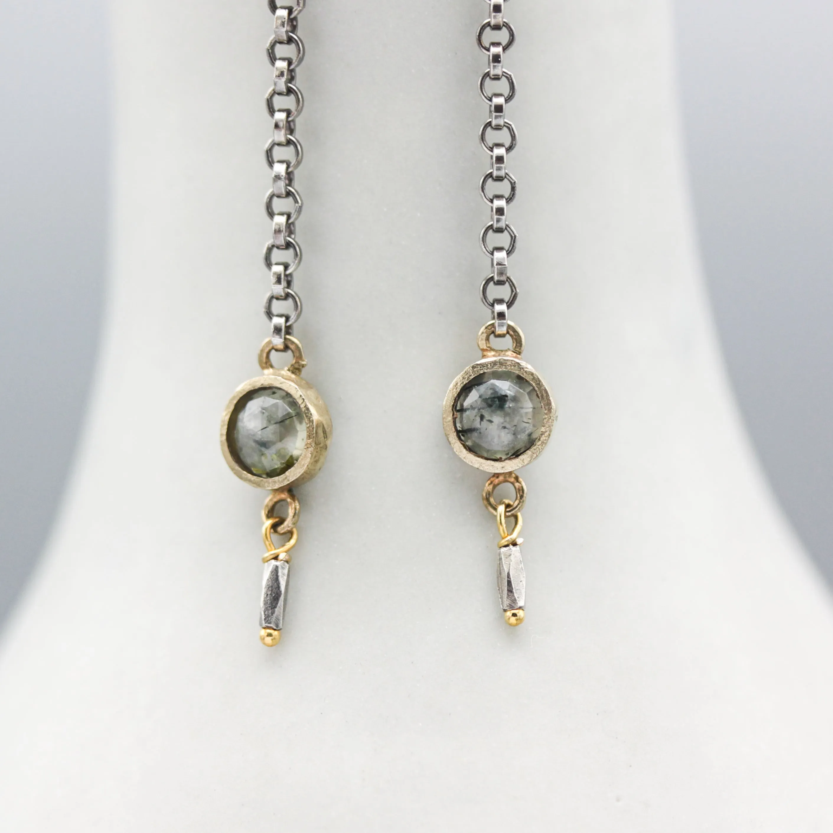 Round faceted green Agate earrings in bezel setting with silver chain and oxidized sterling silver hooks