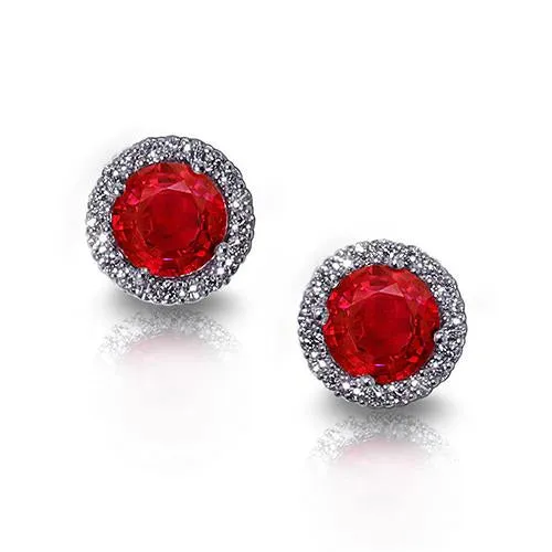 Round Red Ruby With Halo Natural Earth Mined Diamond 7 Ct. Lady Stud Earrings White Gold