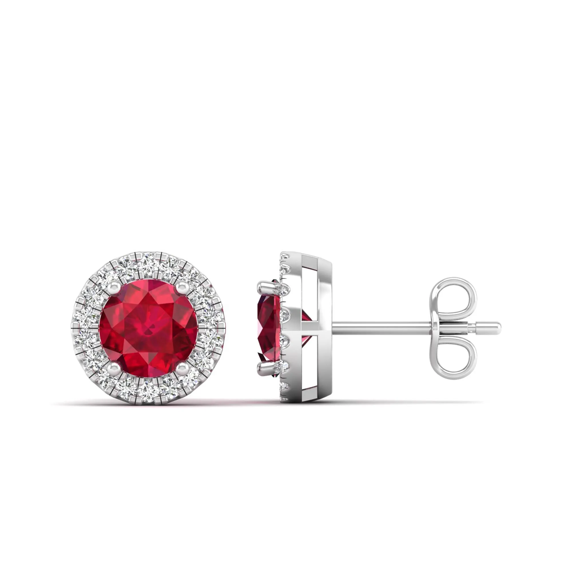 Round Ruby Halo Diamond Stud Earrings