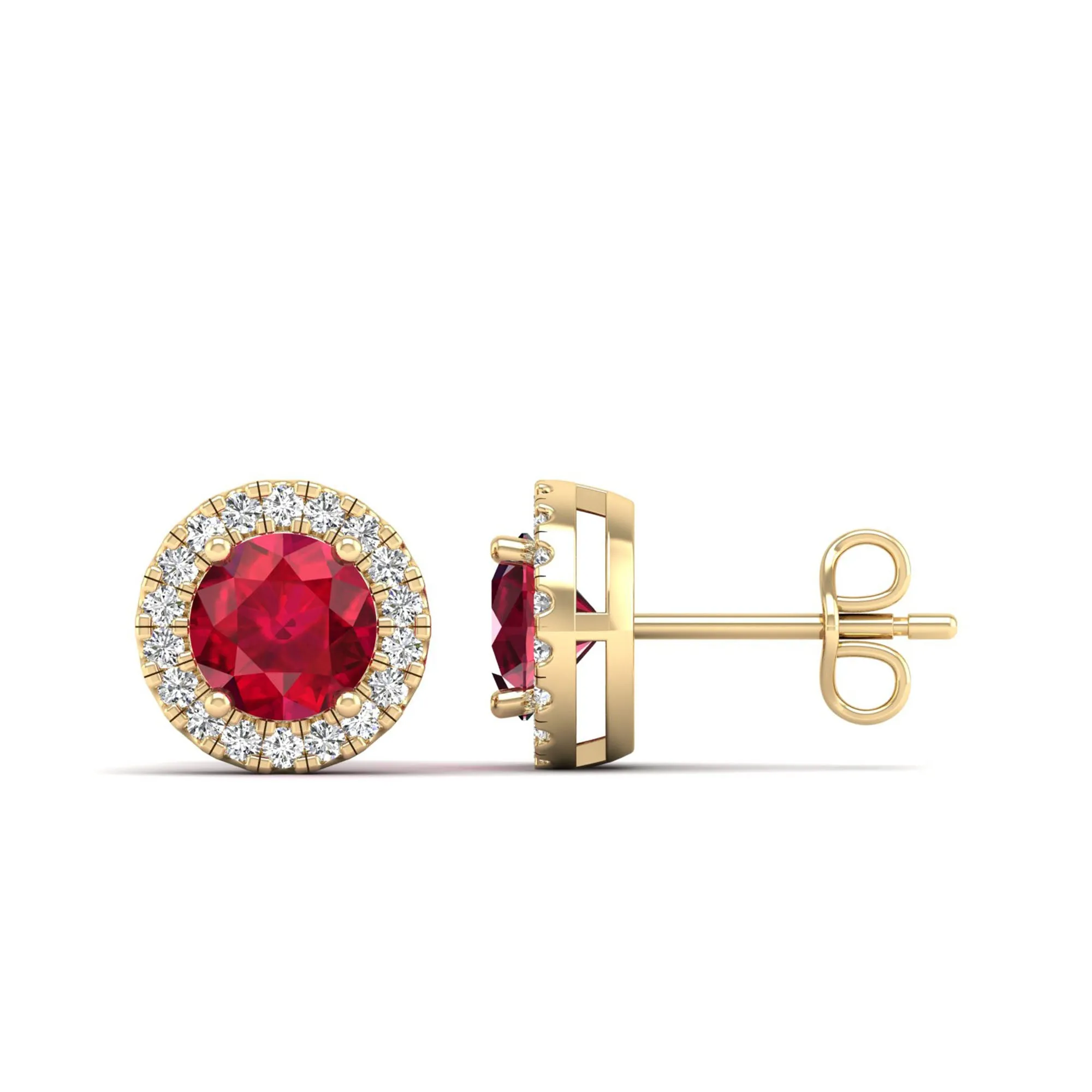 Round Ruby Halo Diamond Stud Earrings