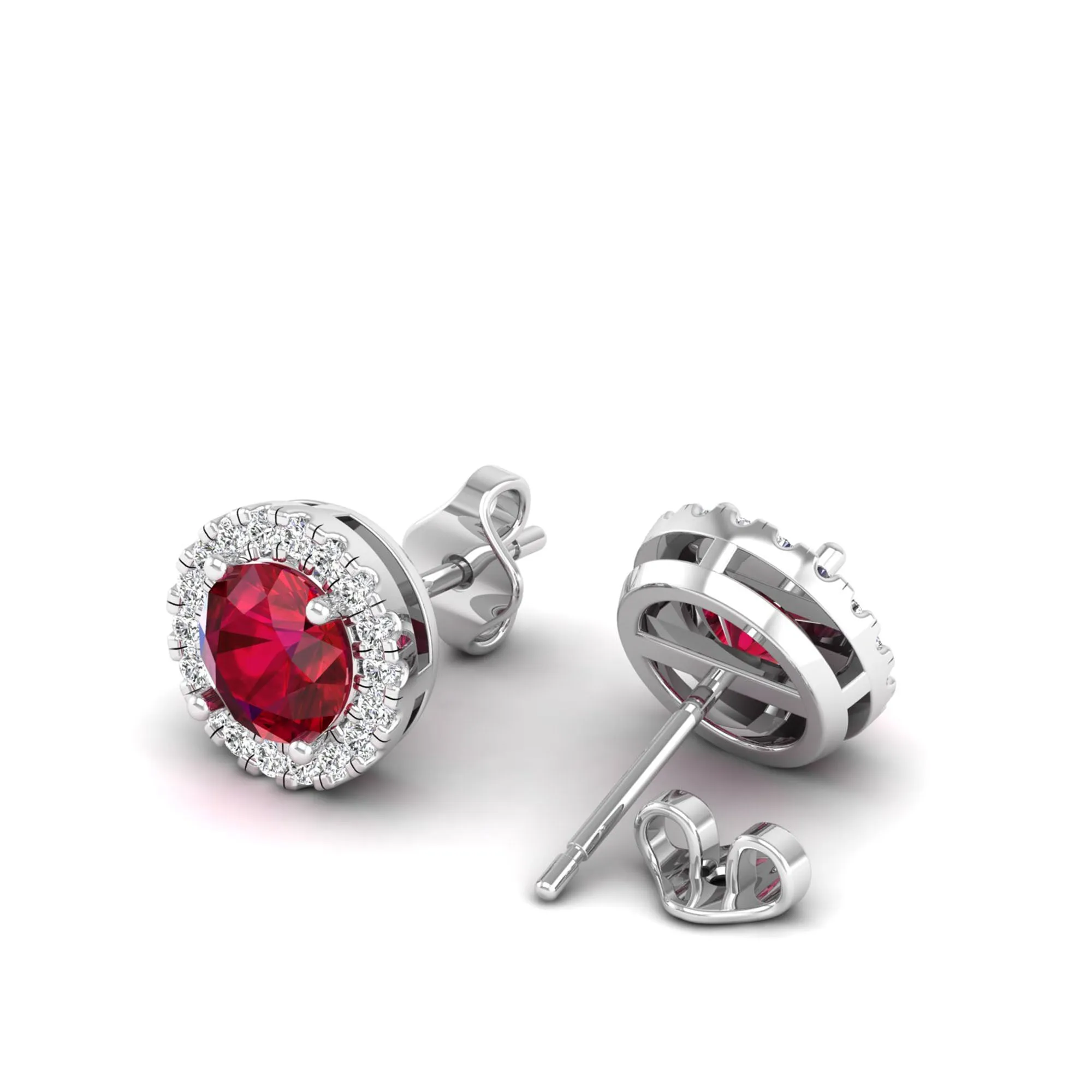 Round Ruby Halo Diamond Stud Earrings