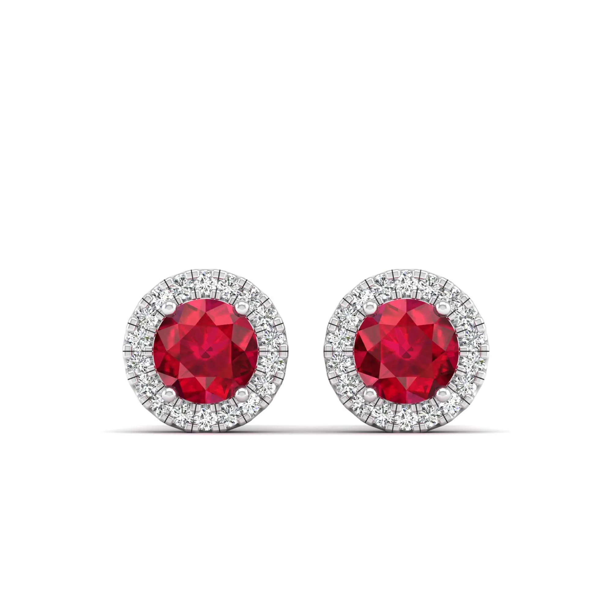 Round Ruby Halo Diamond Stud Earrings