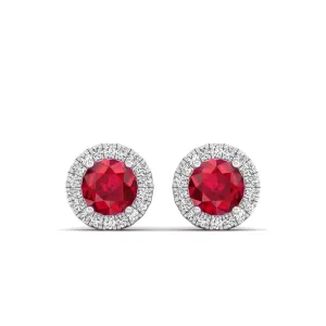 Round Ruby Halo Diamond Stud Earrings