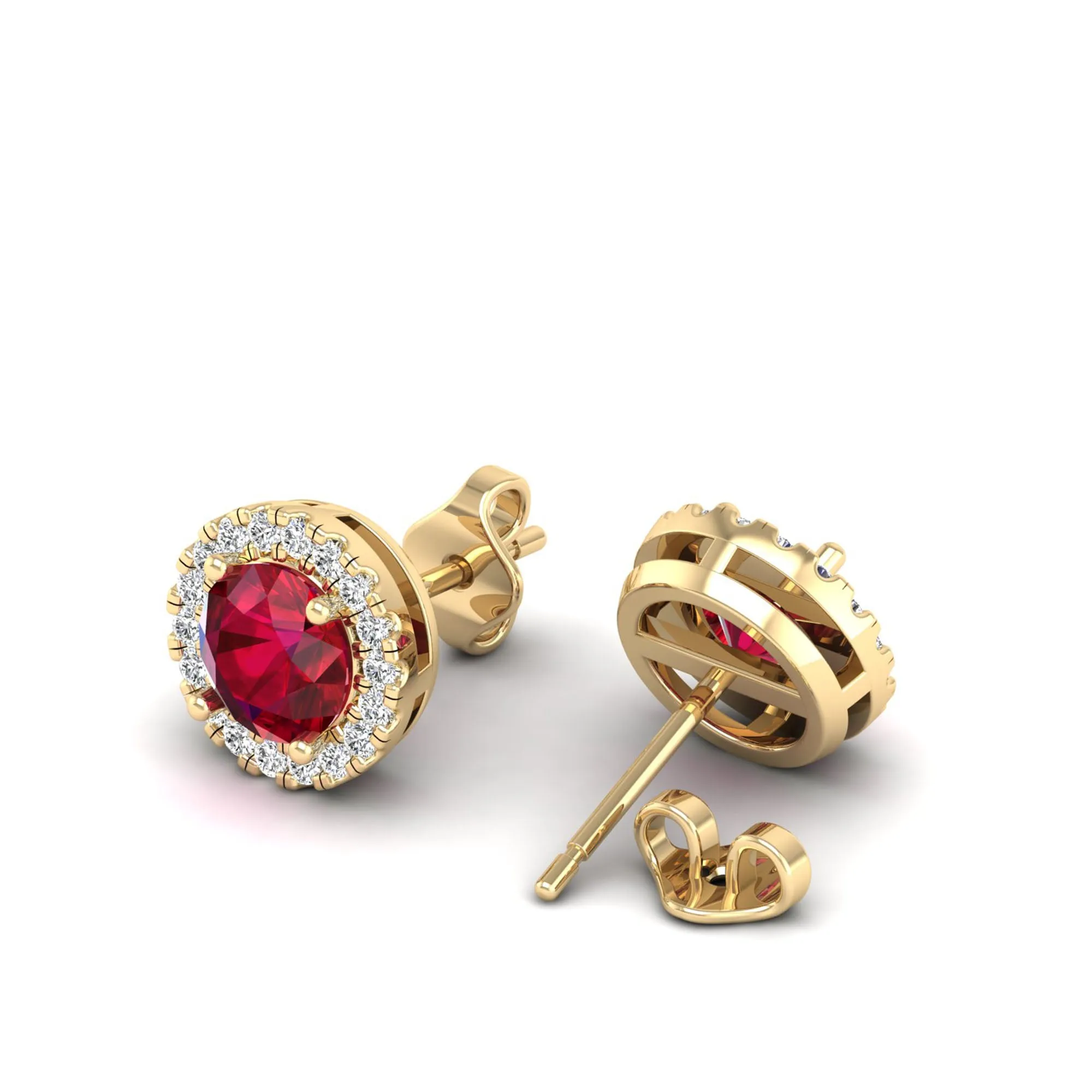 Round Ruby Halo Diamond Stud Earrings