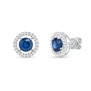 Round Sapphire Gemstone Stud Earrings with Round Diamonds on a 14k White Gold Halo Setting