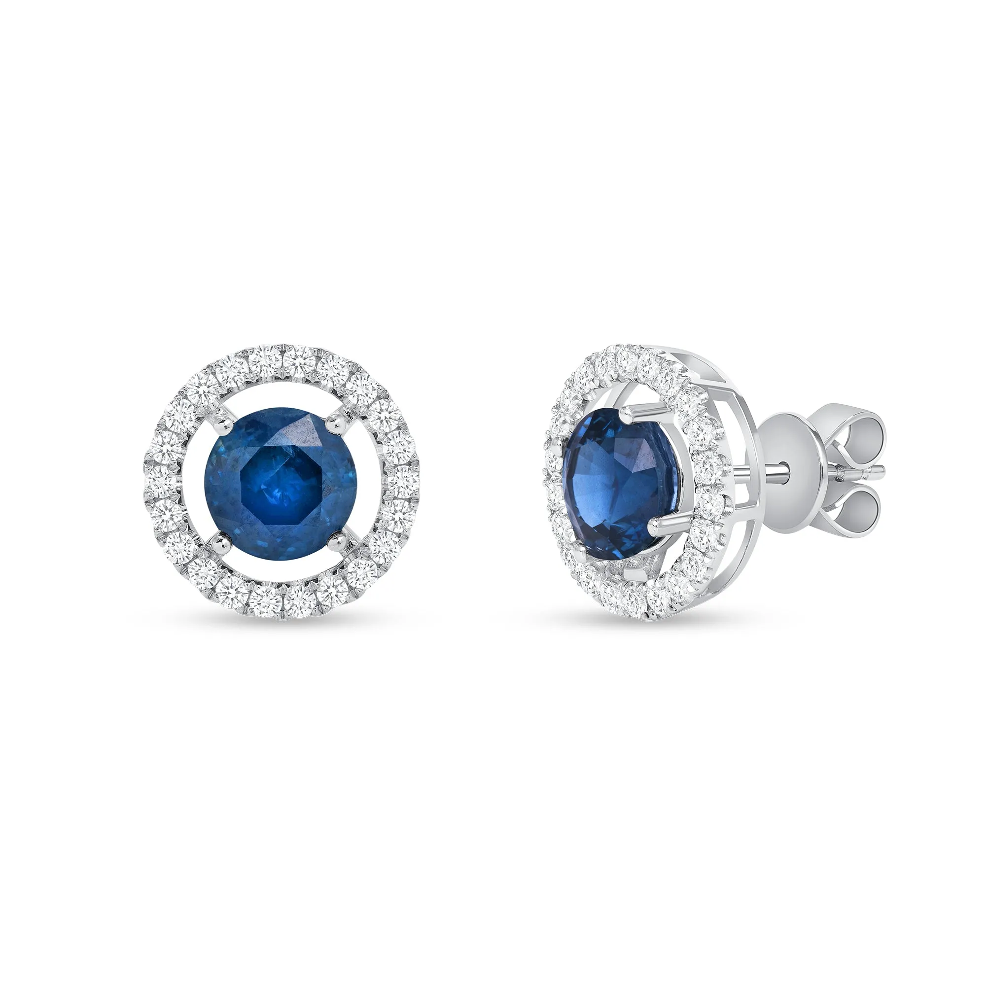 Round Sapphire Gemstone Stud Earrings with Round Diamonds on a 14k White Gold Halo Setting