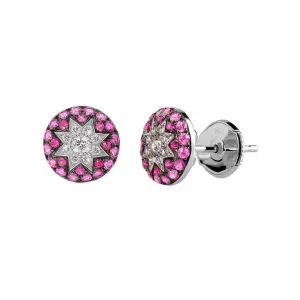 Round Stud Star Earrings Ruby in White Gold