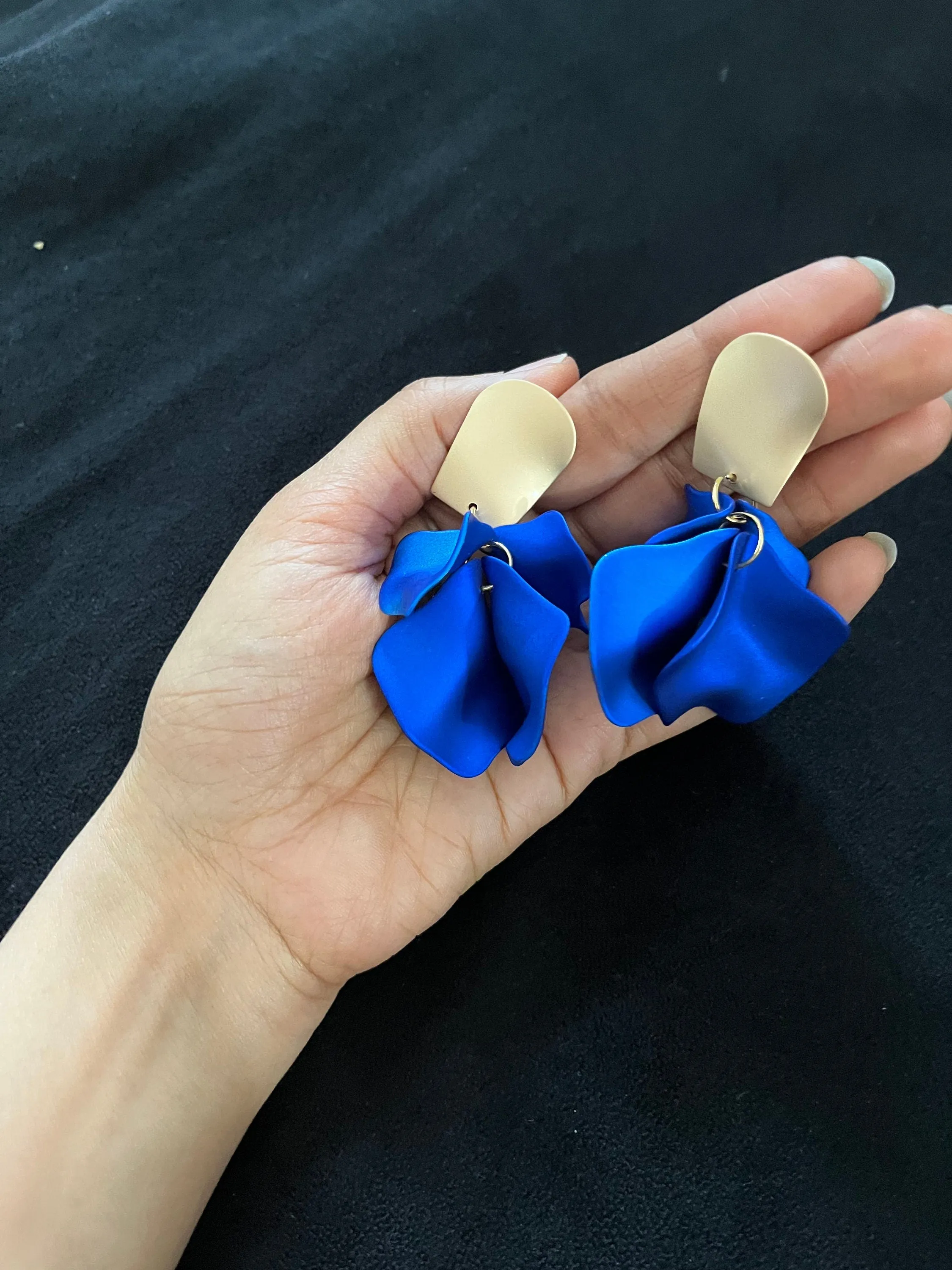 Royal blue earrings , blue petal earrings , blue flower earrings , long blue earrings , blue wedding earrings , large blue earrings