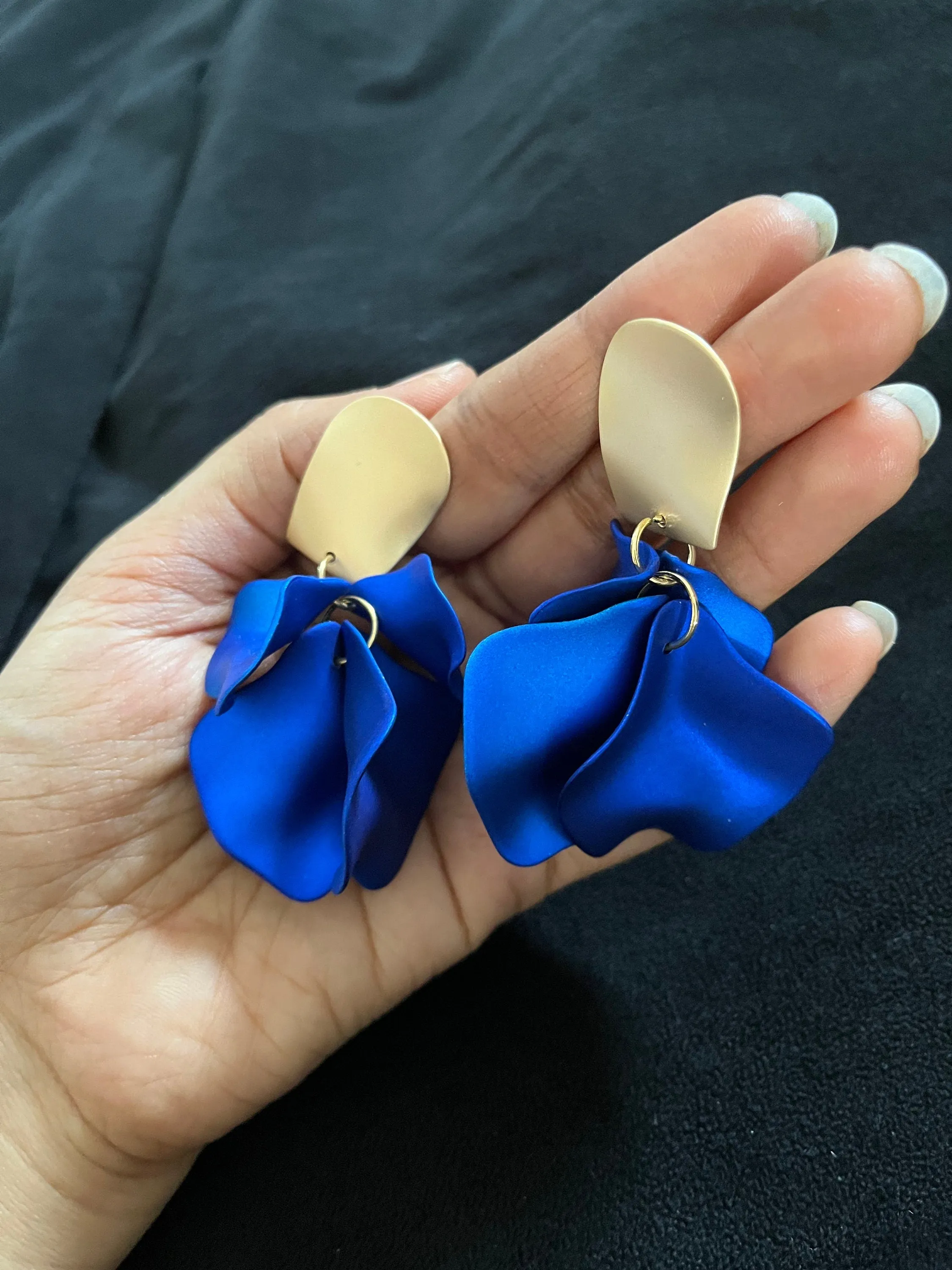 Royal blue earrings , blue petal earrings , blue flower earrings , long blue earrings , blue wedding earrings , large blue earrings