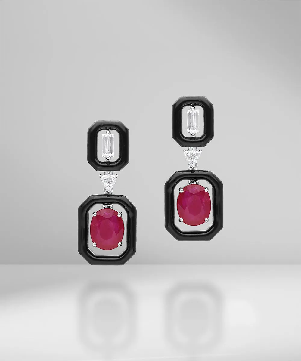 Ruby & Diamond Earrings with Black Enamel