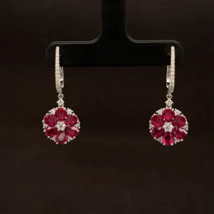 Ruby & Diamond Flower Dangle Latch Back Earrings in 18k White Gold - #503 - ERRUB043436